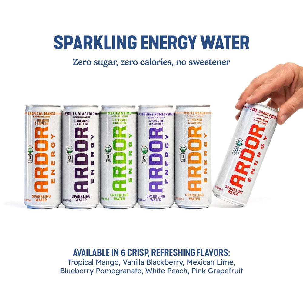 ARDOR side label close-up highlighting organic caffeine and L-theanine benefits