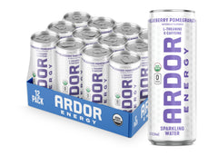 ARDOR can front view showing blueberry pom flavor and clean design, refreshing boost