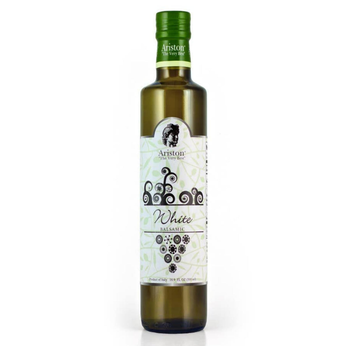 Ariston white balsamic front bottle showing elegant label and pour benefit