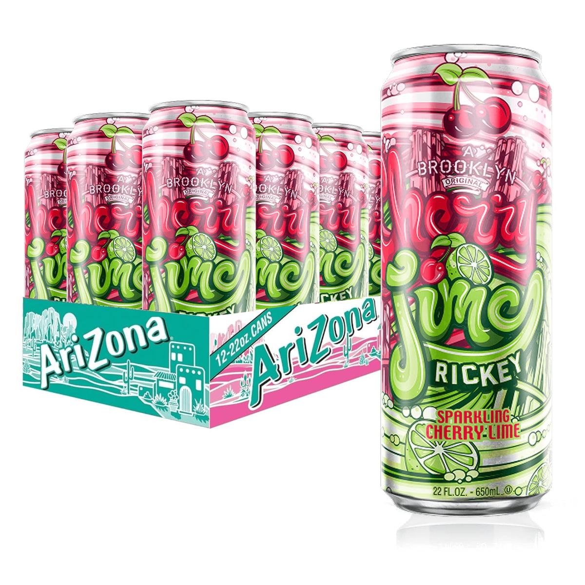 AriZona front can showing Cherry Lime Rickey label and easy identification benefit