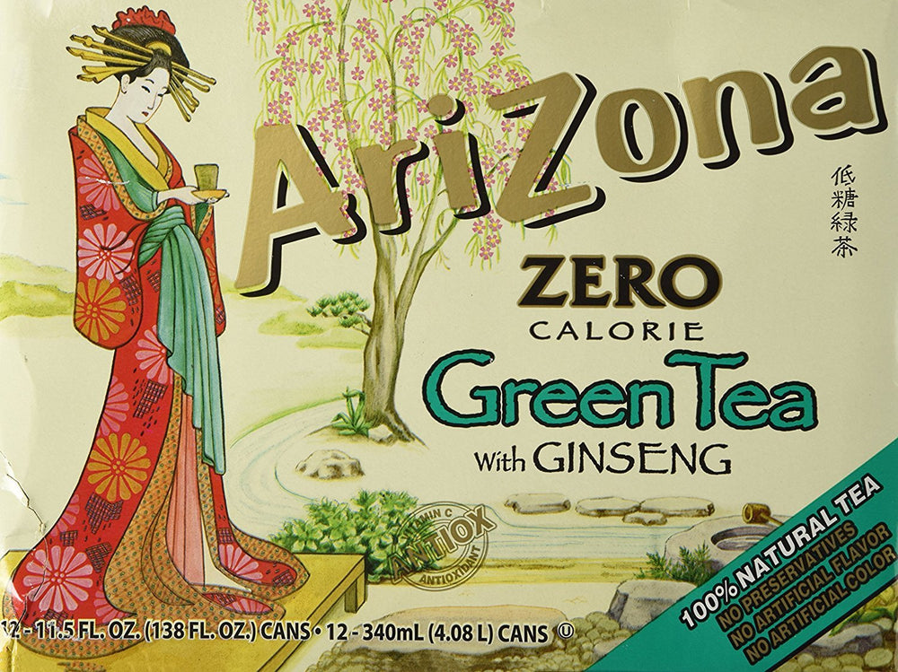 AriZona Diet Green Tea front packaging showing twelve slim cans, convenient stock-up