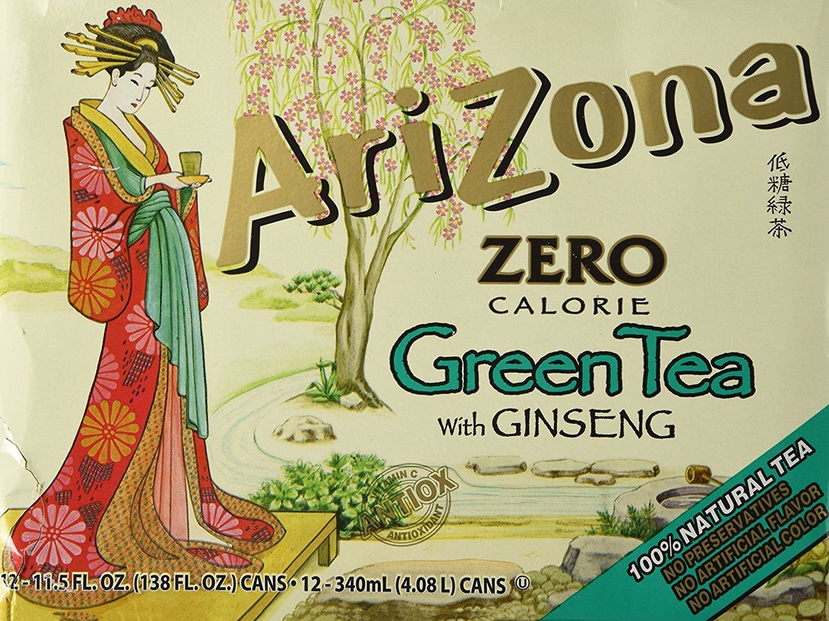AriZona Diet Green Tea front packaging showing twelve slim cans, convenient stock-up