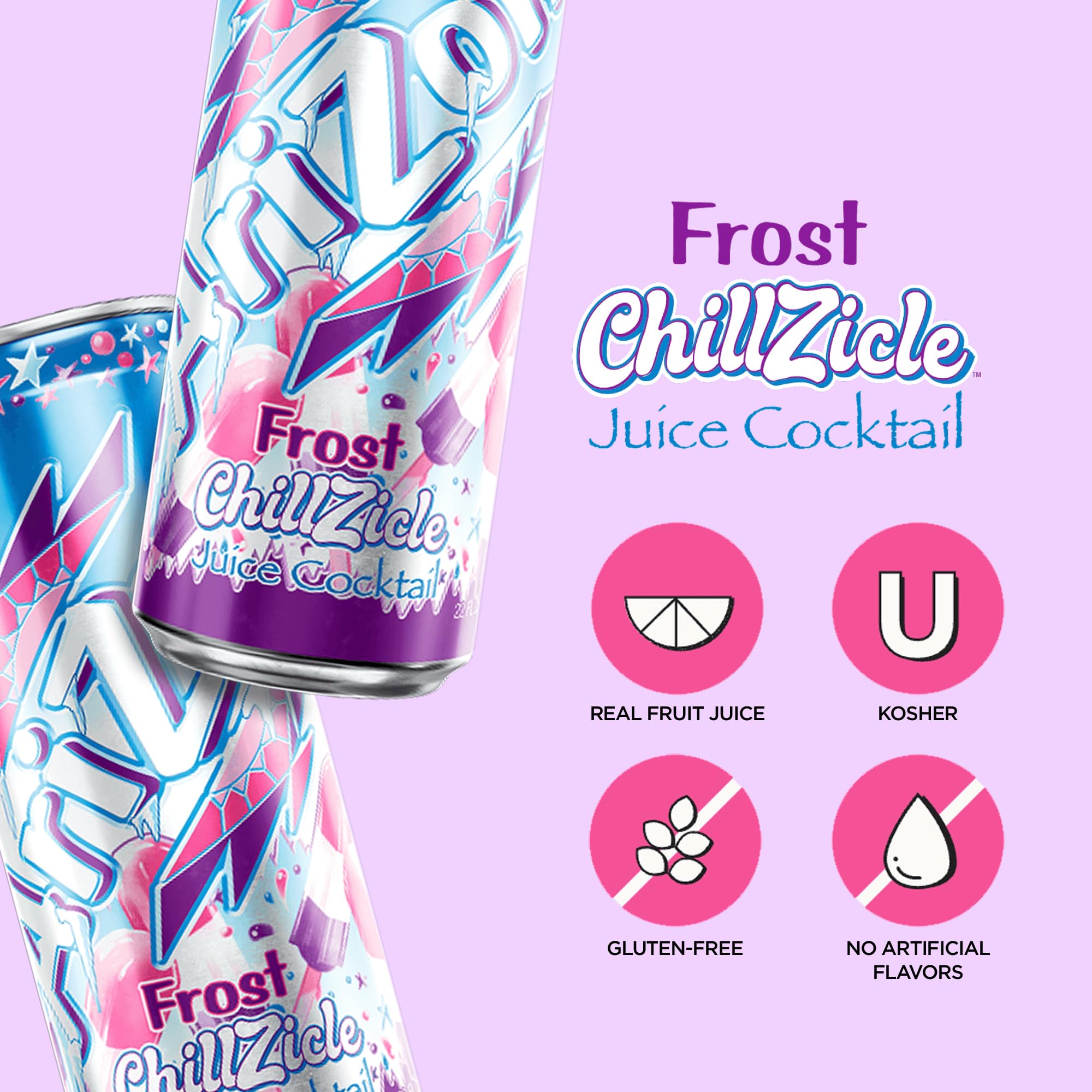 AriZona Frost Chillzicle close-up of can artwork highlighting vanilla hint and vibrant fruit appeal