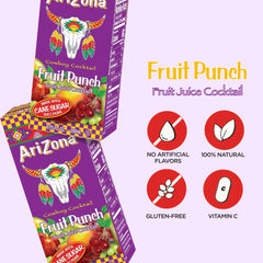 AriZona carton close-up highlighting label and cane sugar fruit punch flavor benefit