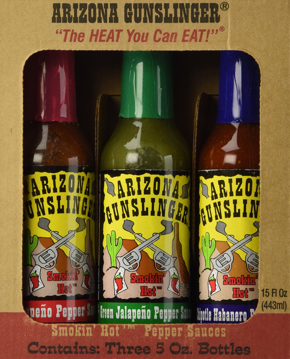 Arizona Gunslinger front pack shot showing three 5 oz bottles and gift packaging, showcases variety