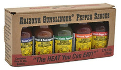 Arizona Gunslinger front packaging showing five mini hot sauce bottles for tasting