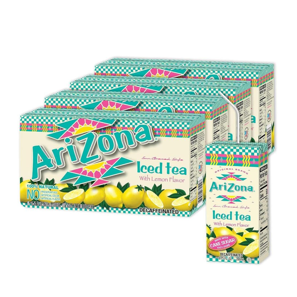 AriZona juice box front packaging showing brand and lemon tea, convenient single-serve