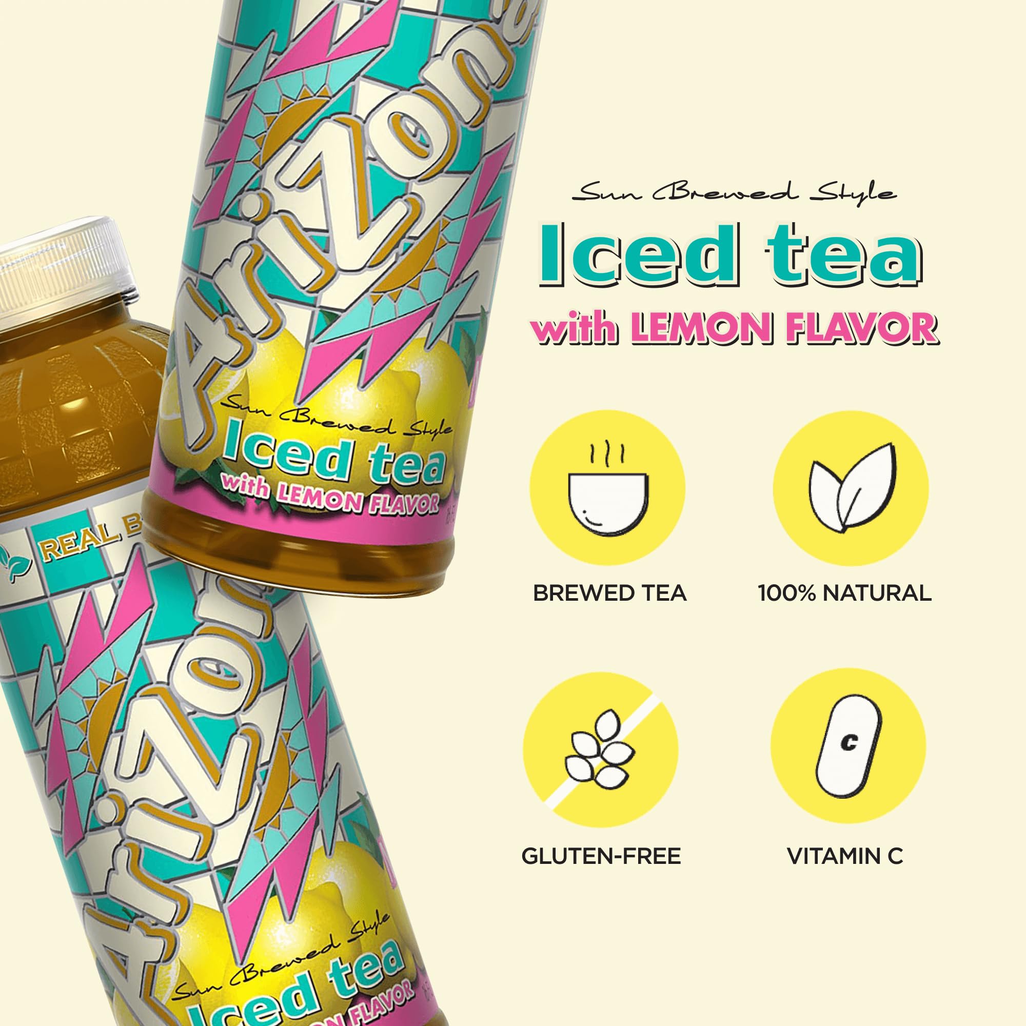 AriZona lemon tea label detail highlighting premium brewed-leaf ingredients