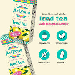 Close-up pour of AriZona lemon tea showing texture and color, highlights refreshing citrus