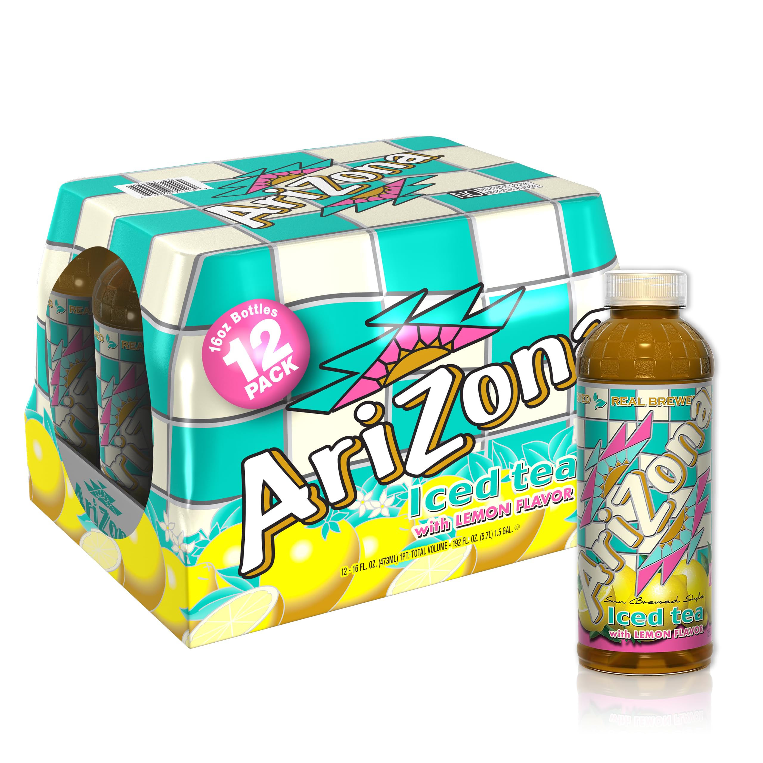 AriZona lemon tea front packaging showing 12 bottles and convenient value