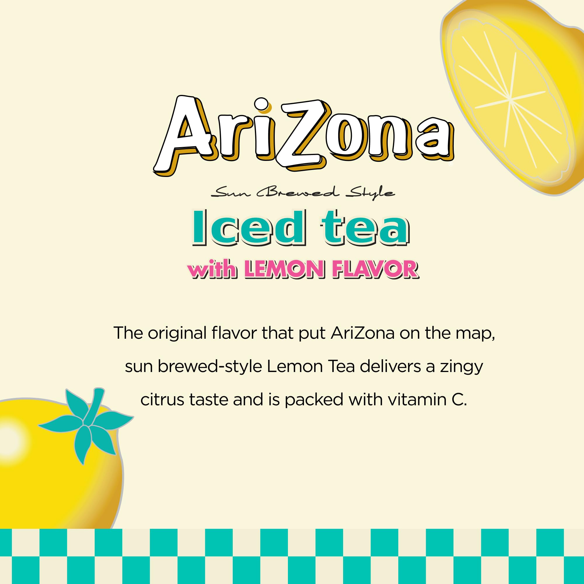 AriZona lemon tea poured over ice emphasizing refreshing lemon flavor