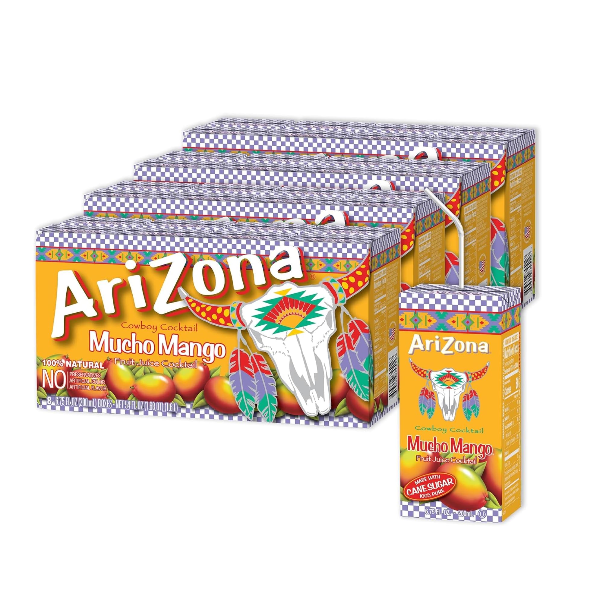 AriZona Mucho Mango front packaging showing label and 6.75 fl oz box for easy identification