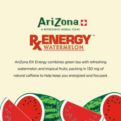 AriZona RX Energy Watermelon twelve-pack in fridge lifestyle scene showing convenience for gatherings