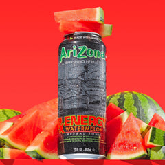 AriZona RX Energy Watermelon poured over ice demonstrating refreshing cold-serving benefit