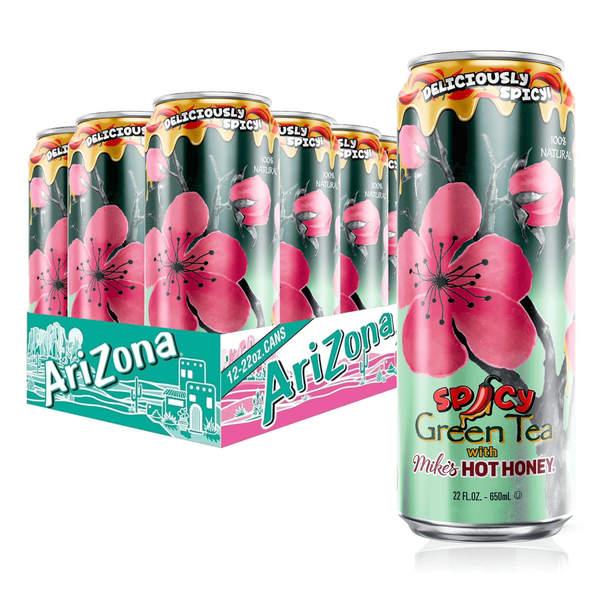 AriZona front can view showing spicy green tea and Mike's Hot Honey branding for instant recognition