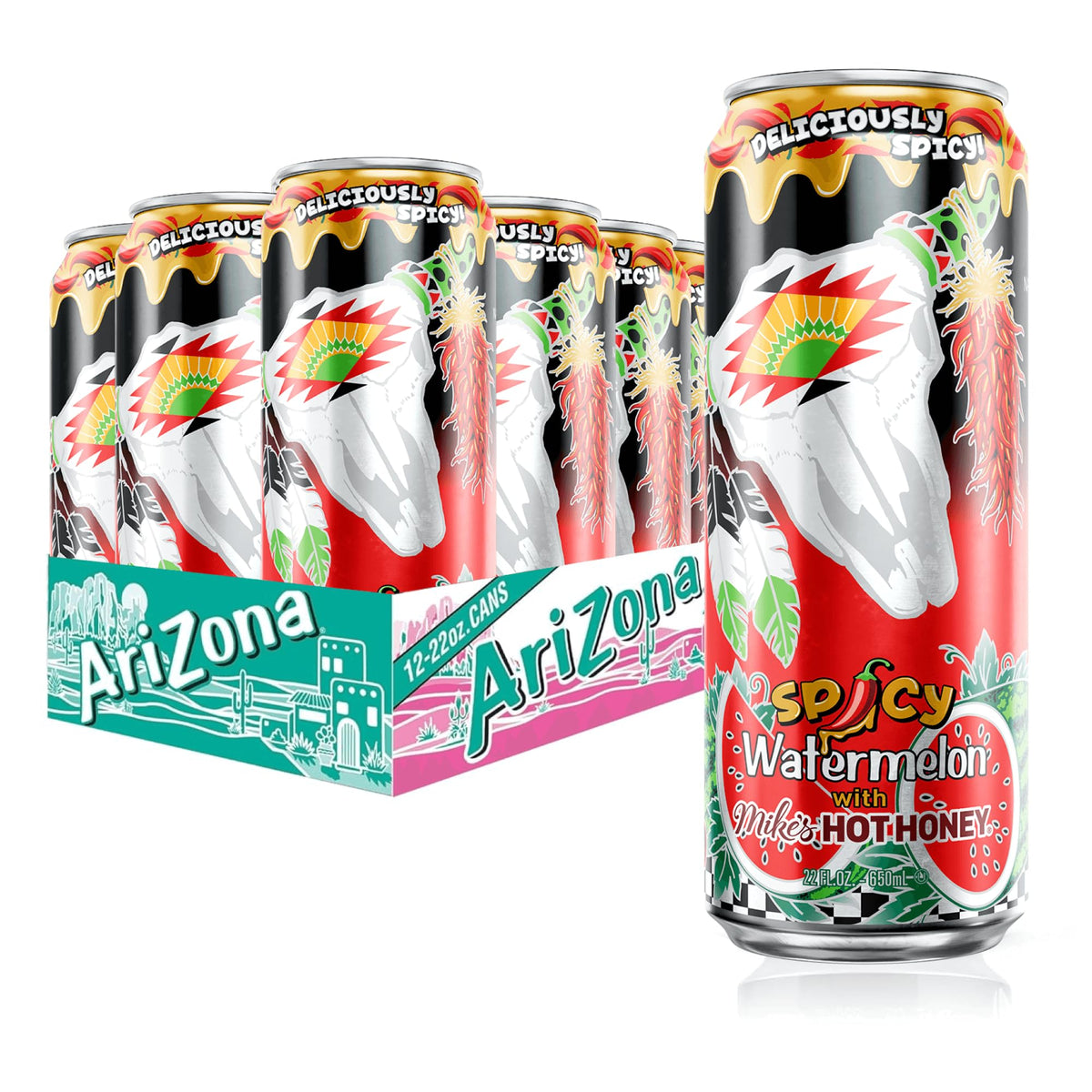 AriZona front can showing spicy watermelon label and bold collaboration logo for flavor recognition