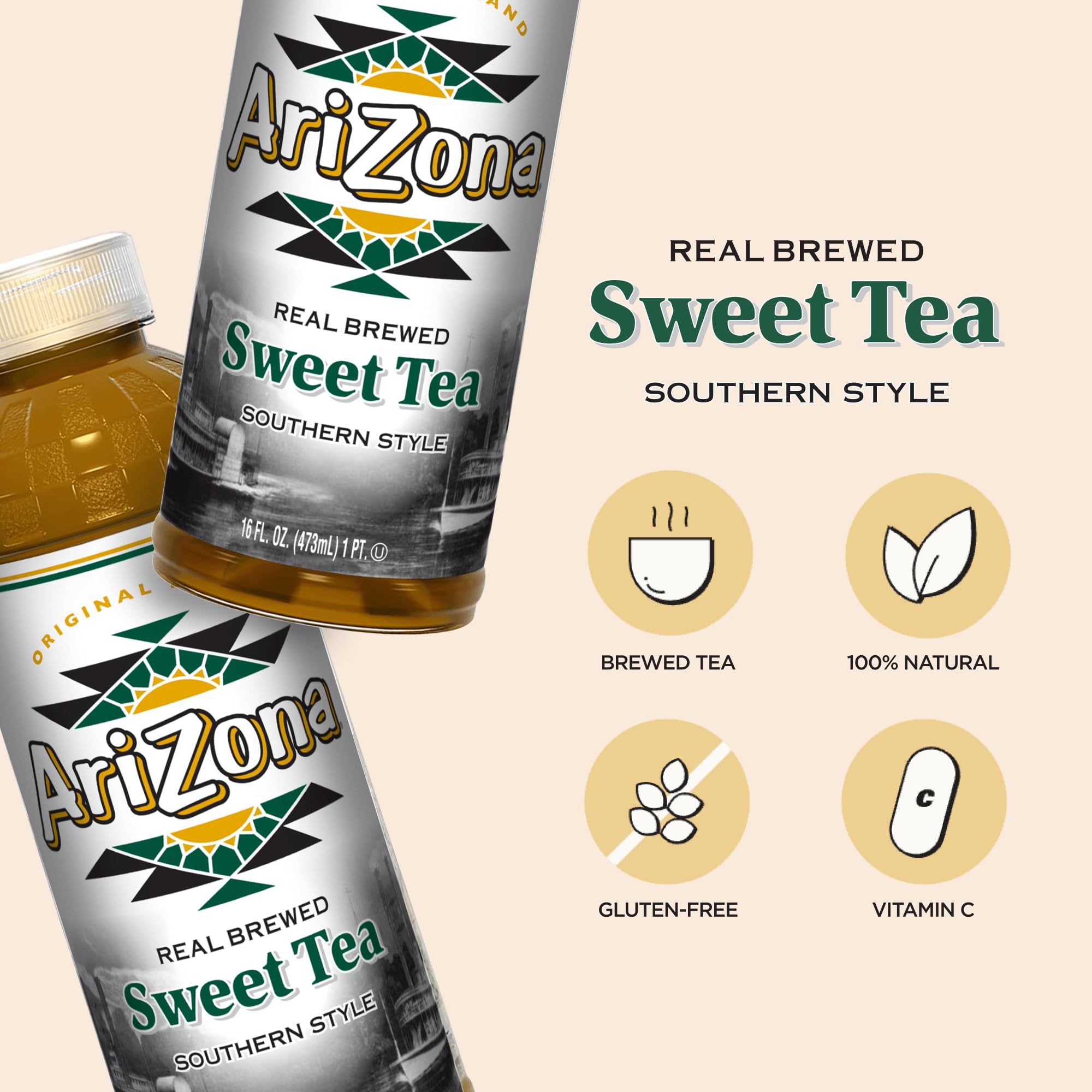 Close-up of AriZona Sweet Tea label and brewed-tea detail highlighting authentic flavor