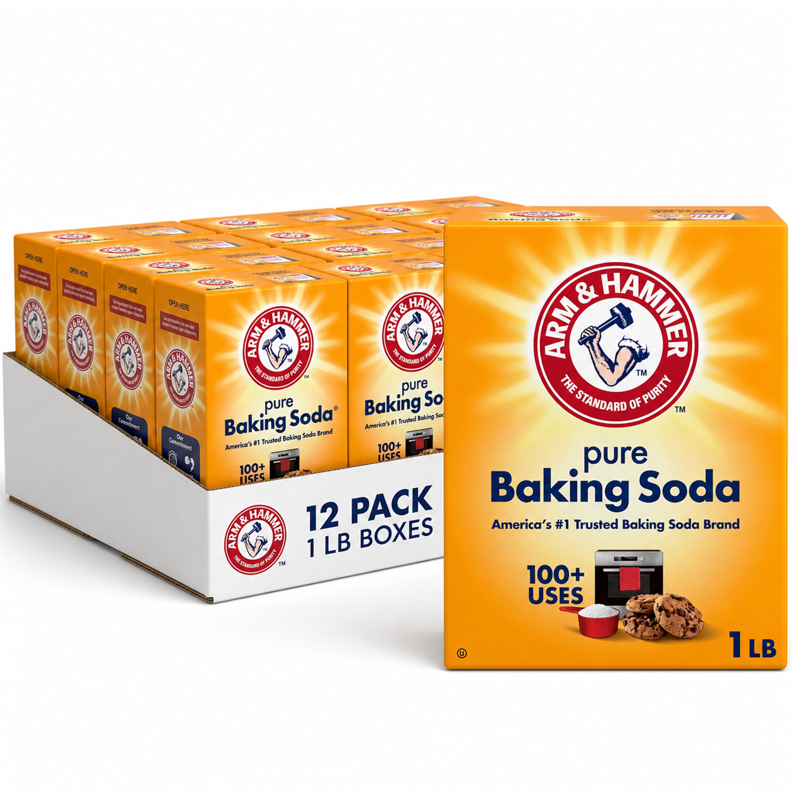 Arm & Hammer front packaging of one-pound box showing brand and convenience