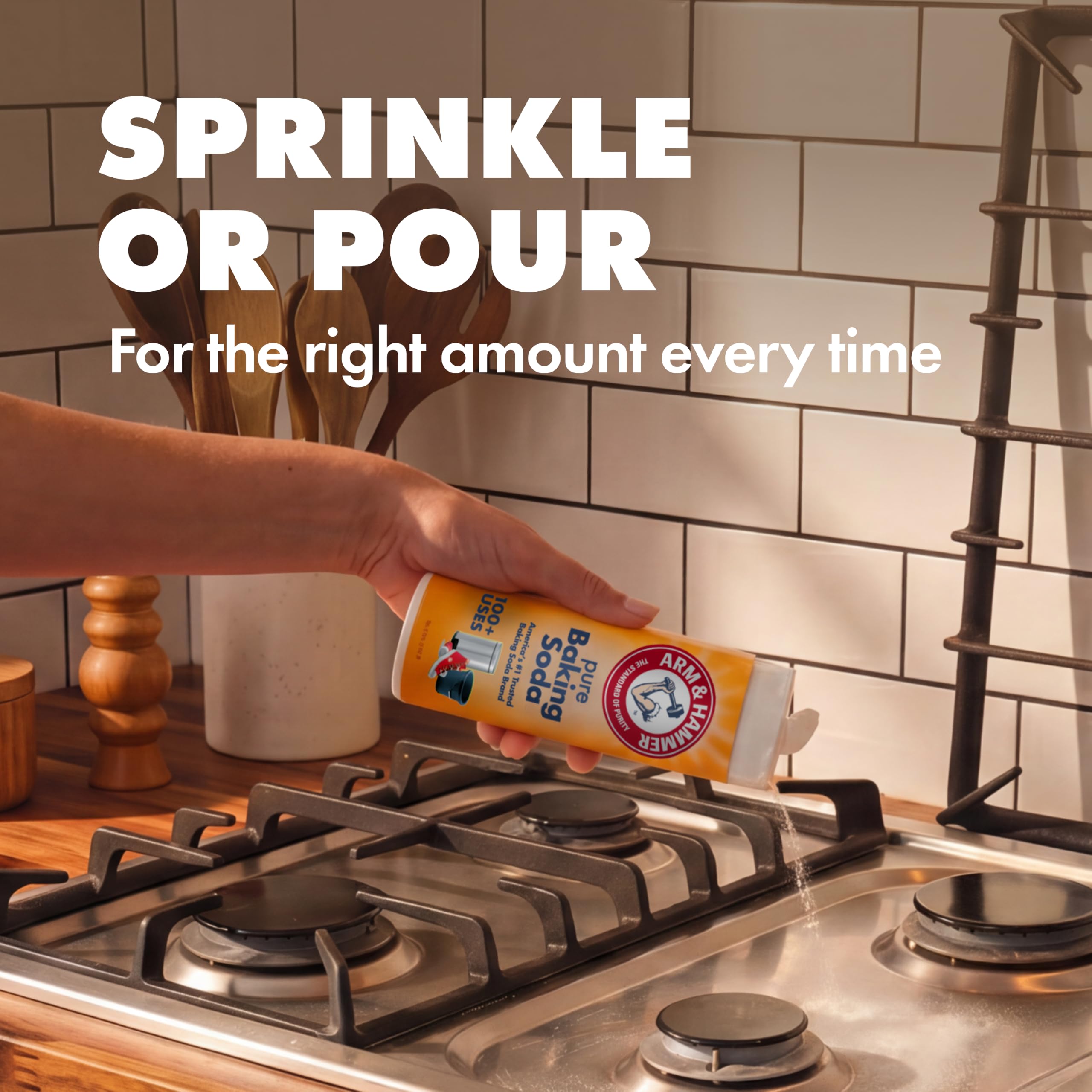 Close-up of Arm & Hammer baking soda granules showing free-flowing texture for easy use