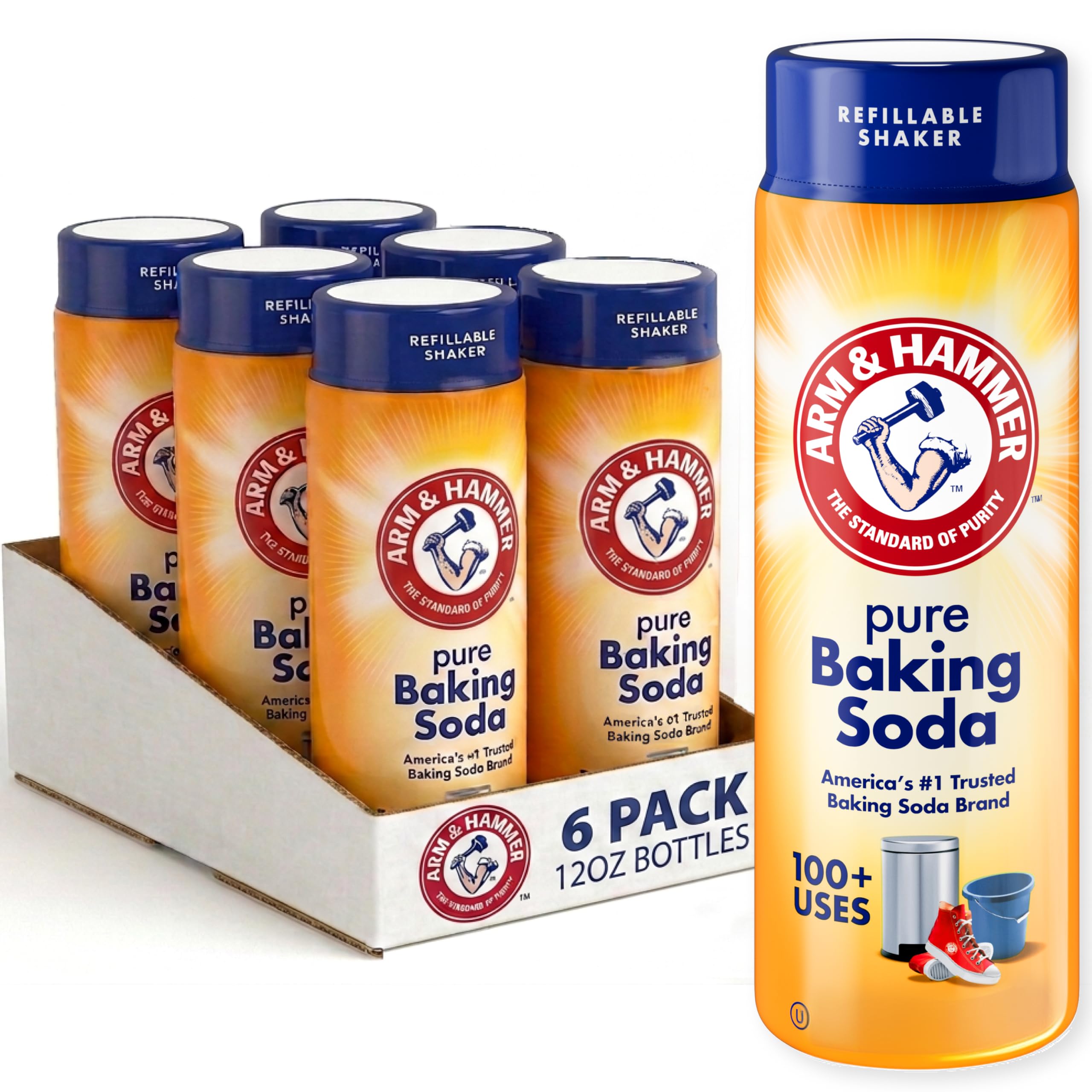Arm & Hammer front packaging showing 12 oz shaker and brand benefits for convenience
