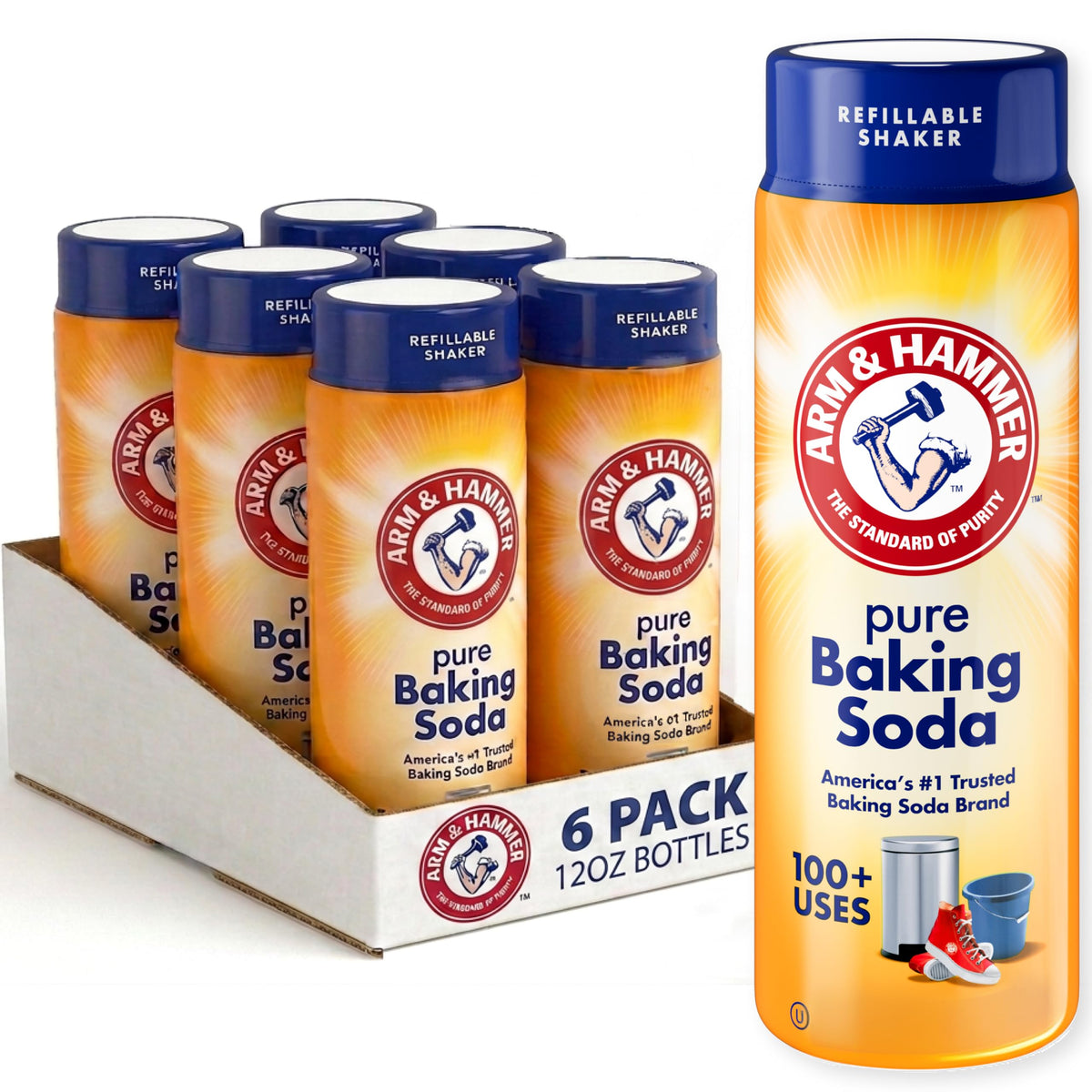 Arm & Hammer front packaging showing 12 oz shaker and brand benefits for convenience