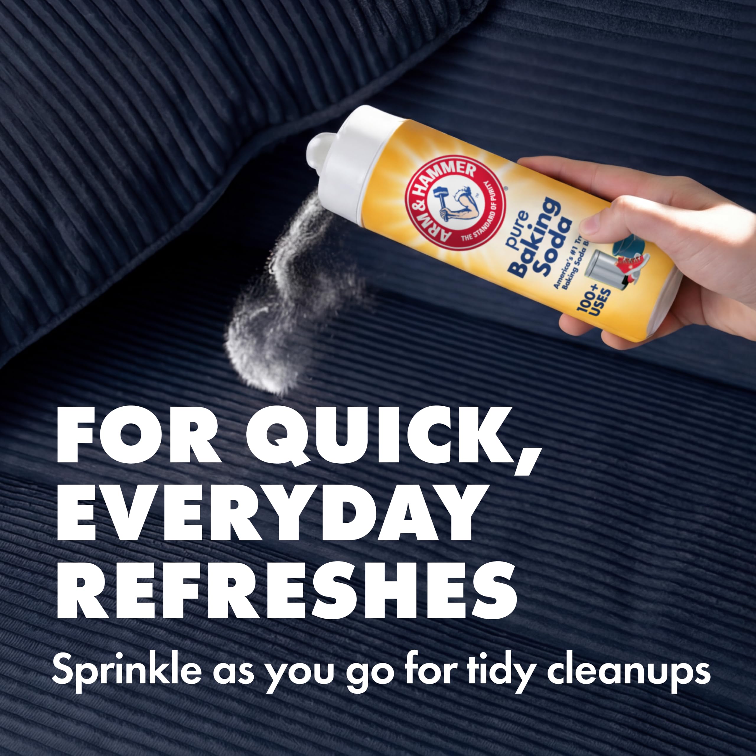 Arm & Hammer shaker placed in laundry room to brighten fabrics and remove odors