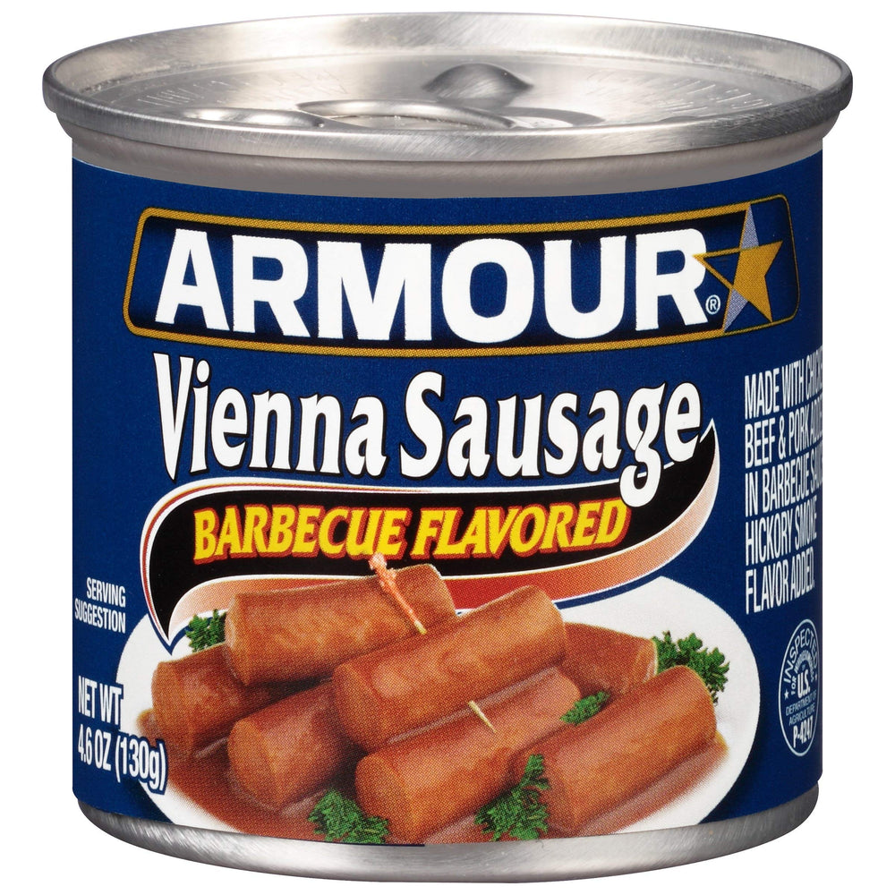 Armour Star front packaging showing BBQ Vienna sausage cans and label benefit convenience