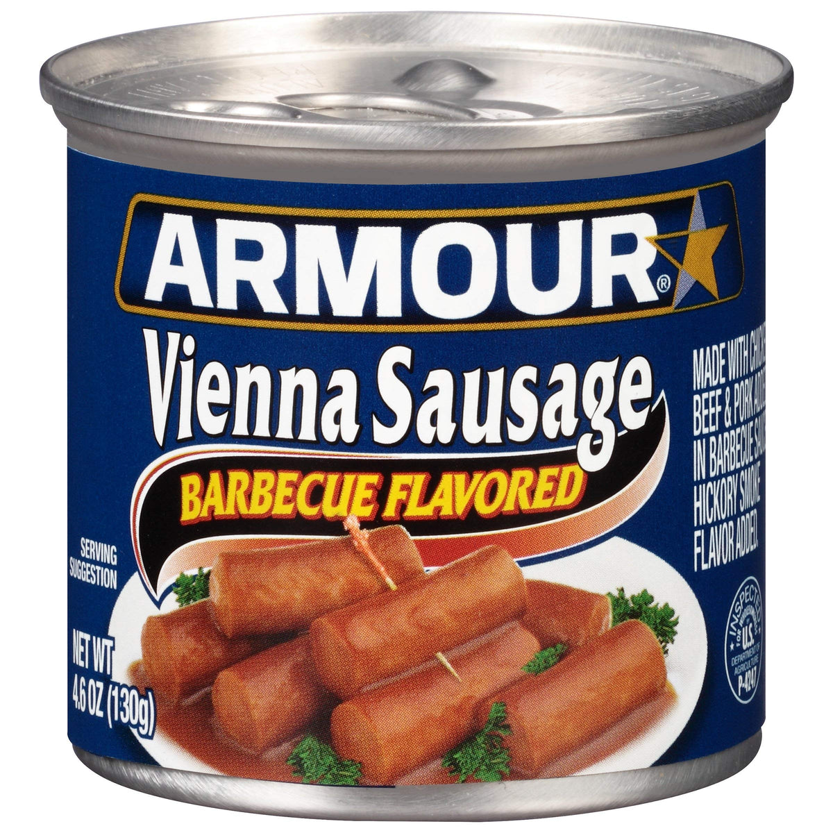 Armour Star front packaging showing BBQ Vienna sausage cans and label benefit convenience