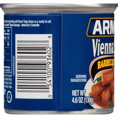 Armour Star open can top view showing sausages in sauce for ready-to-eat convenience