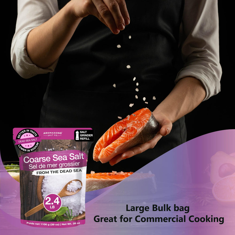 Aromasong bulk bag beside a kitchen scale showing 2.43 lb serving convenience