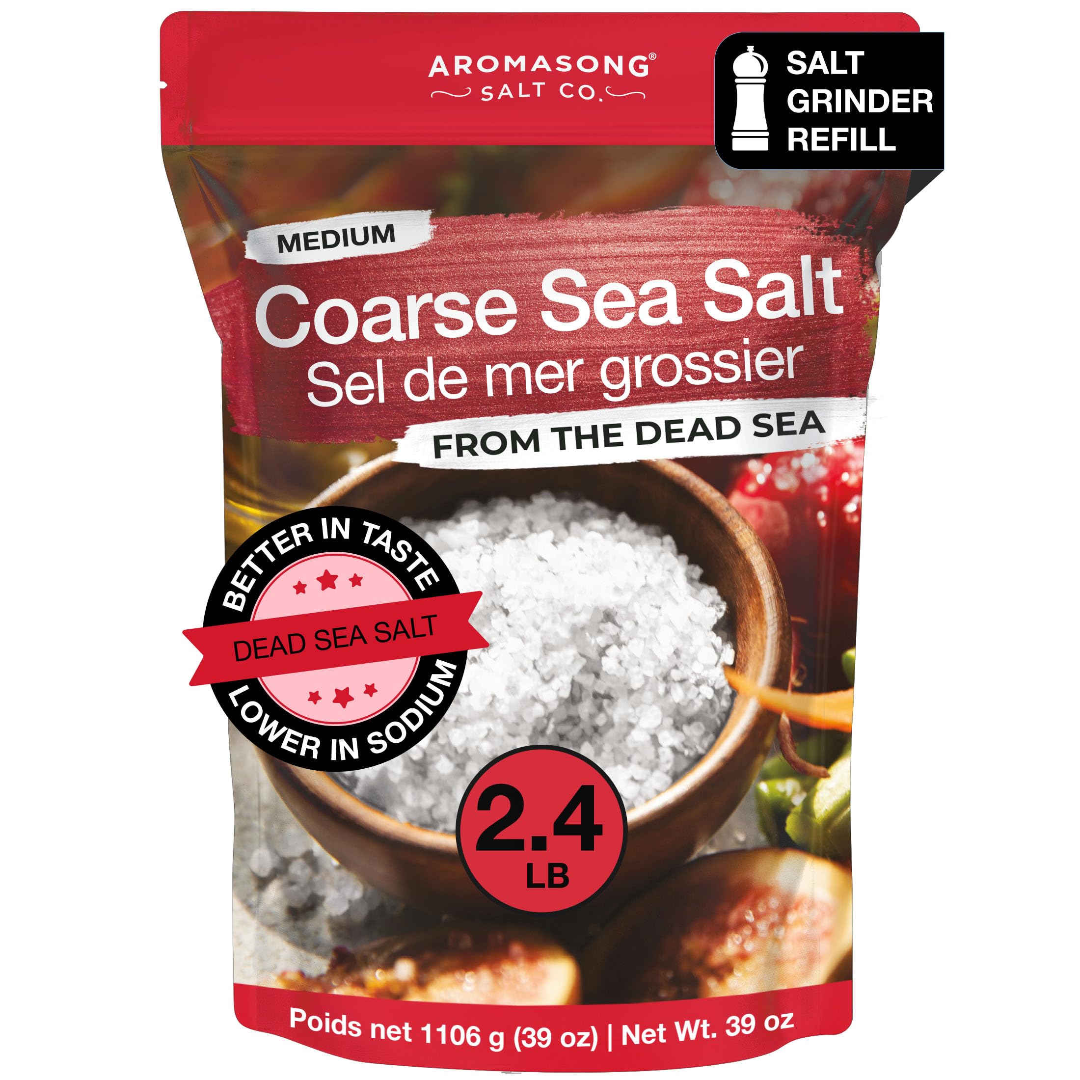 Aromasong front packaging showing 2.43 lb coarse sea salt, convenient refill
