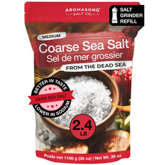 Aromasong front packaging showing 2.43 lb coarse sea salt, convenient refill