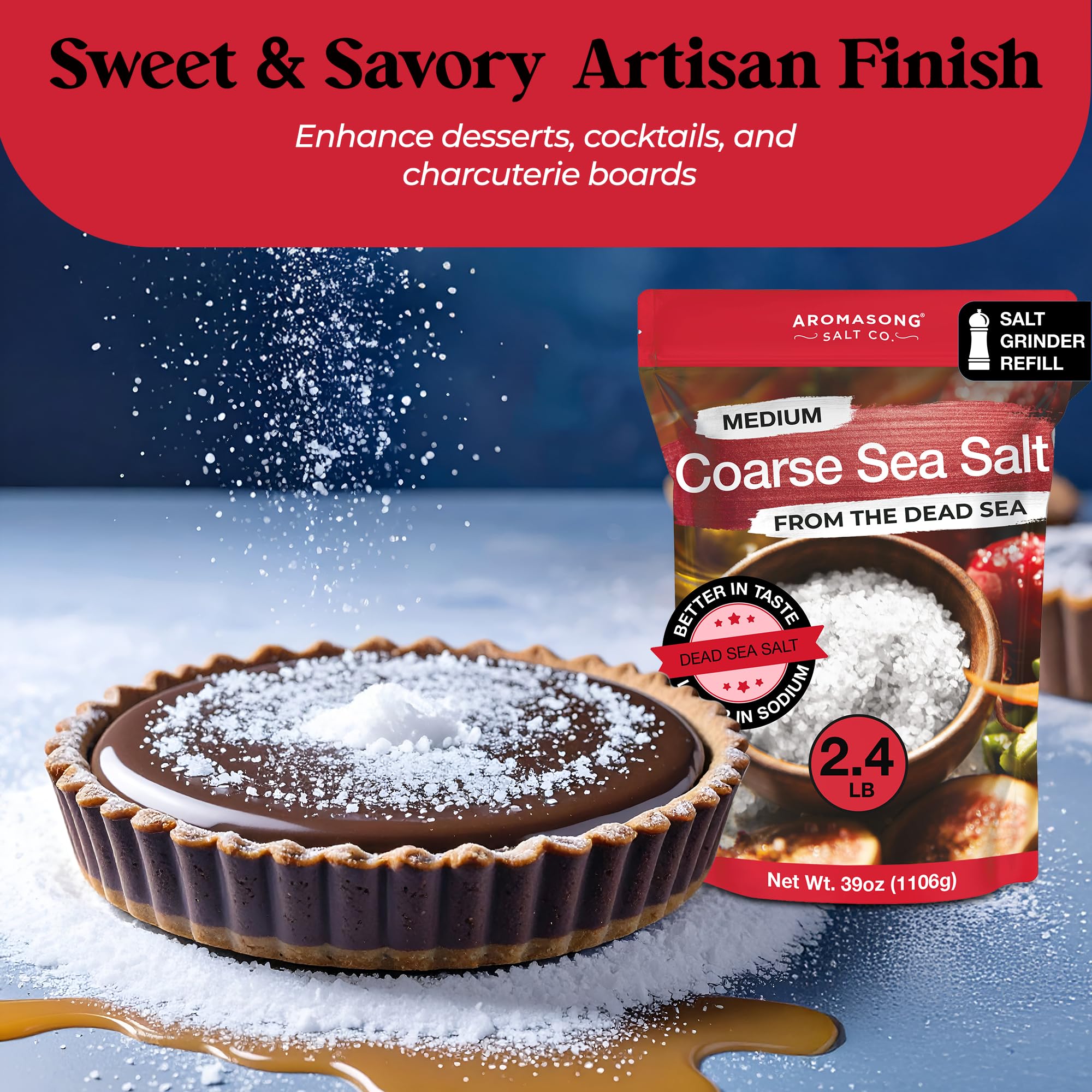 Aromasong coarse salt being poured into a grinder, ensures easy refill use
