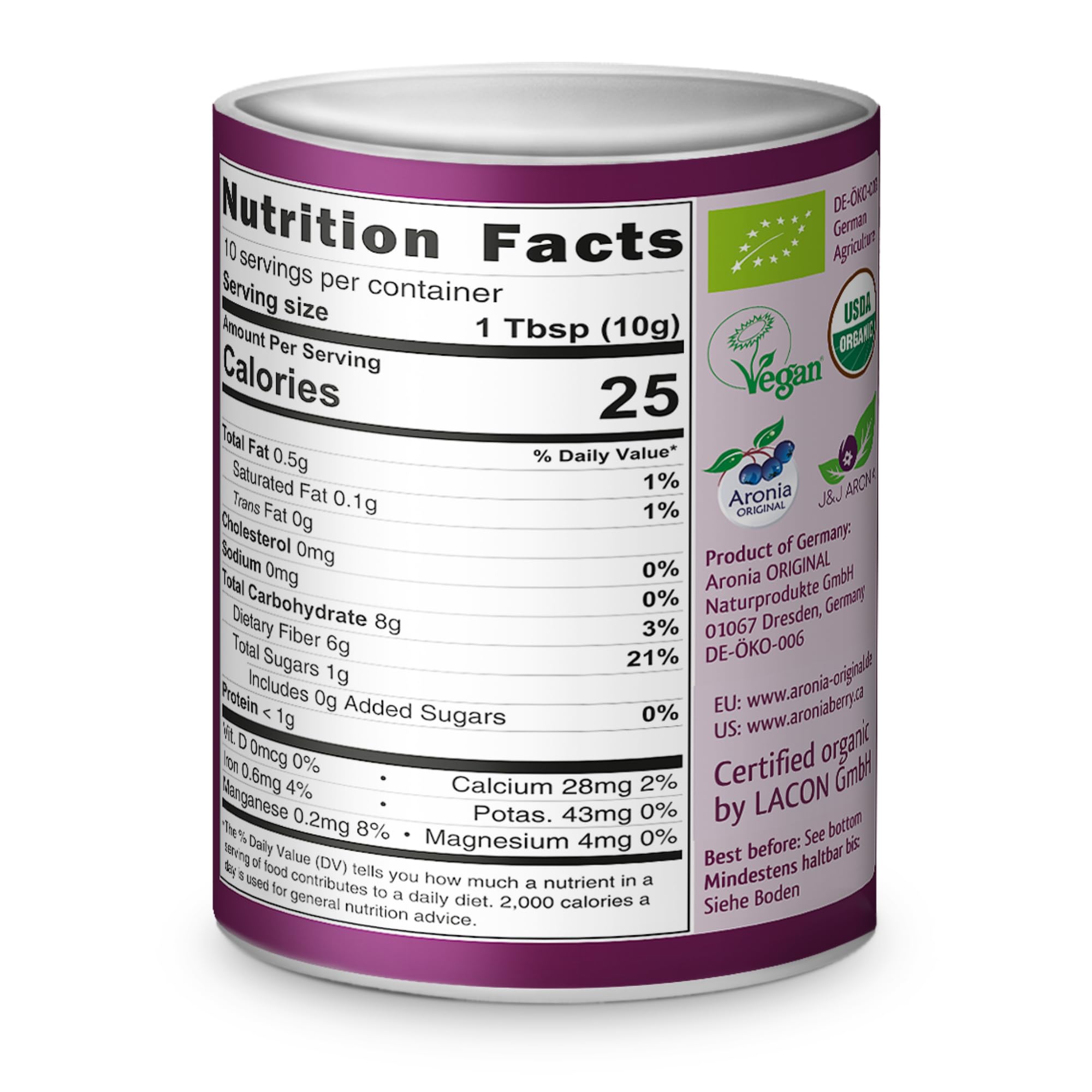 Aronia Original jar beside teaspoon and fruit for portion scale and easy serving benefit