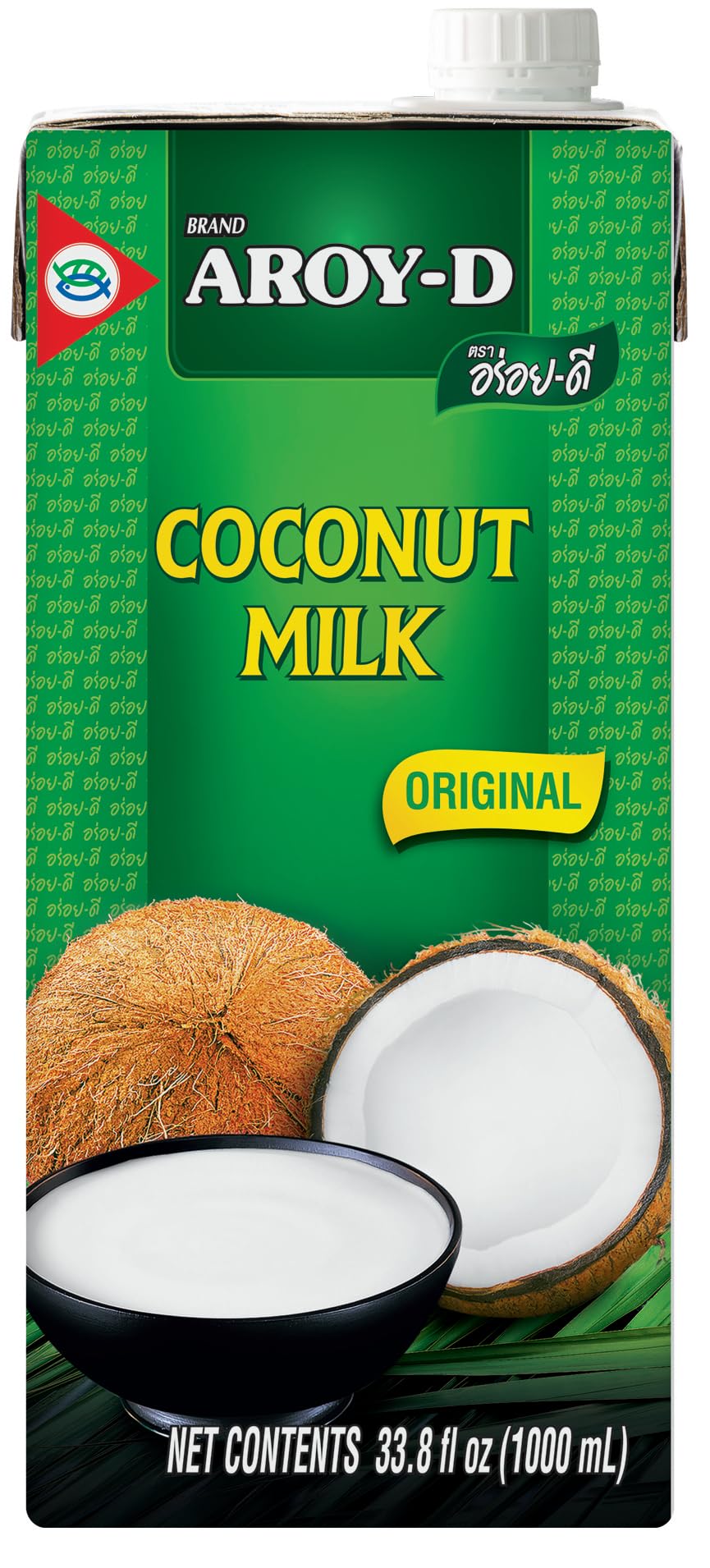 Aroy-D front carton display showing six 1L boxes and clear product labeling benefit: pure undiluted coconut milk