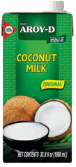 Aroy-D front carton display showing six 1L boxes and clear product labeling benefit: pure undiluted coconut milk