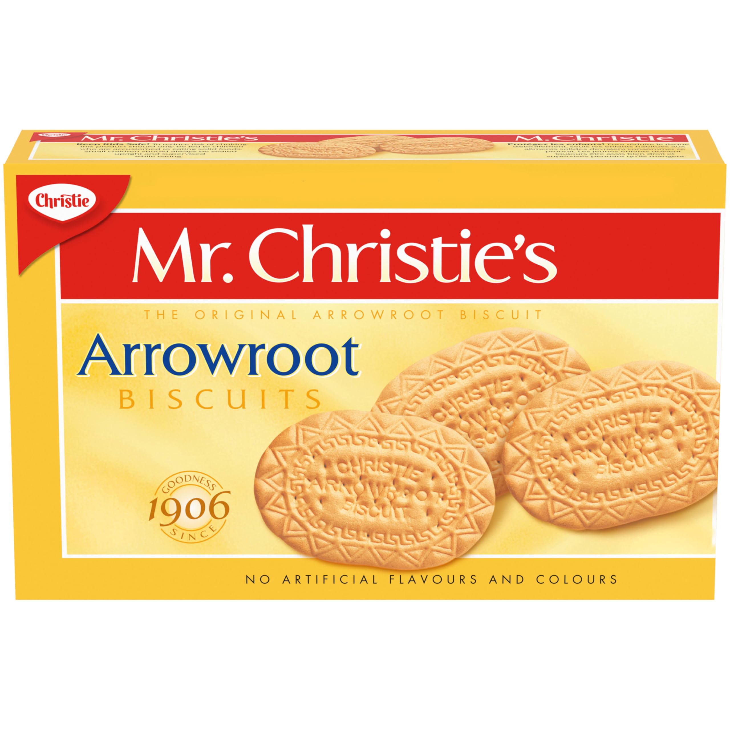 Arrowroot Mr Chirstie's front packaging showing 350g tin, clear branding and product benefit