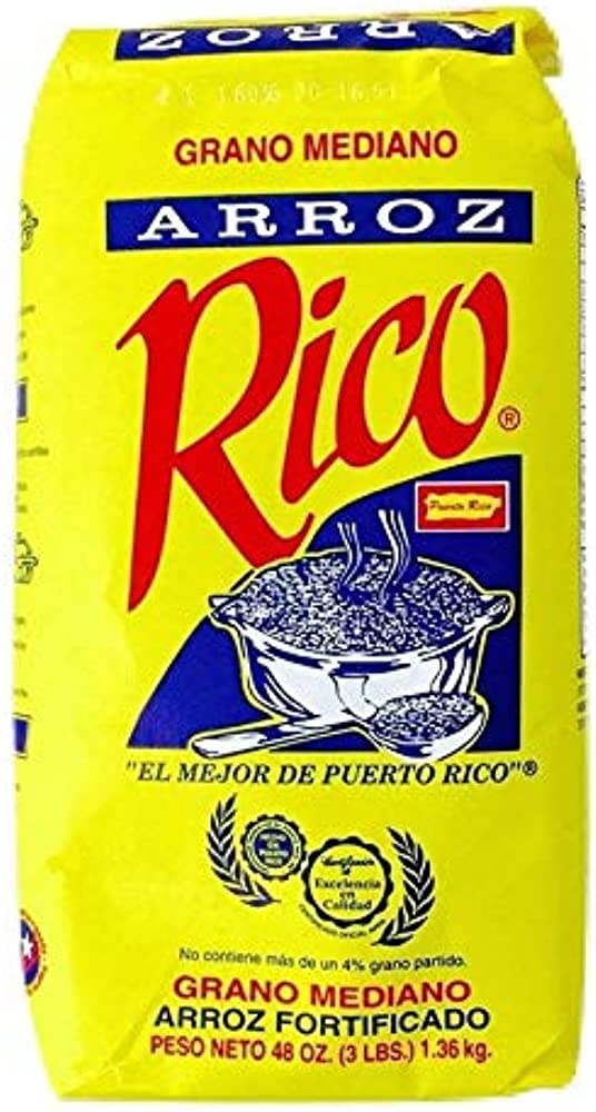 Arroz Rico 3 lb bag front packaging showing brand and product, clear pantry storage benefit