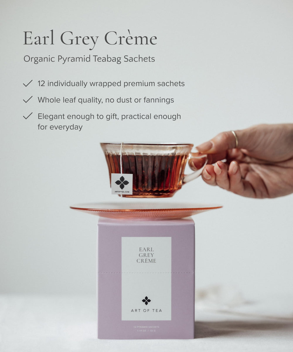 Art of Tea pyramid sachet close-up highlighting roomy bag and improved infusion