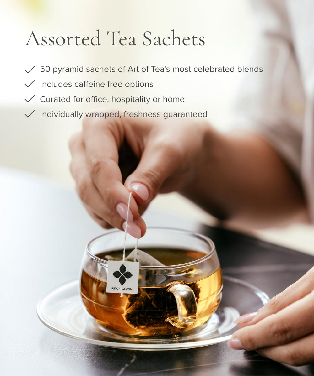 Art of Tea pyramid sachet close-up displaying mesh detail and quick infusion benefit