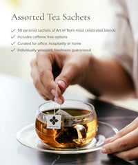 Art of Tea pyramid sachet close-up displaying mesh detail and quick infusion benefit