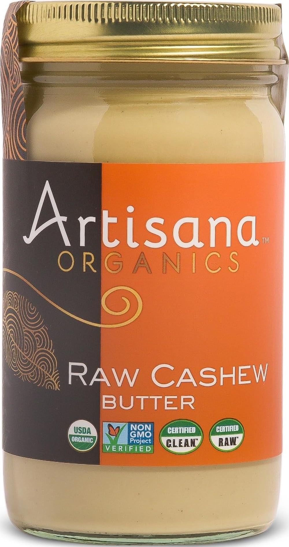 Artisana jar front packaging showing label and 14oz size, highlights organic purity