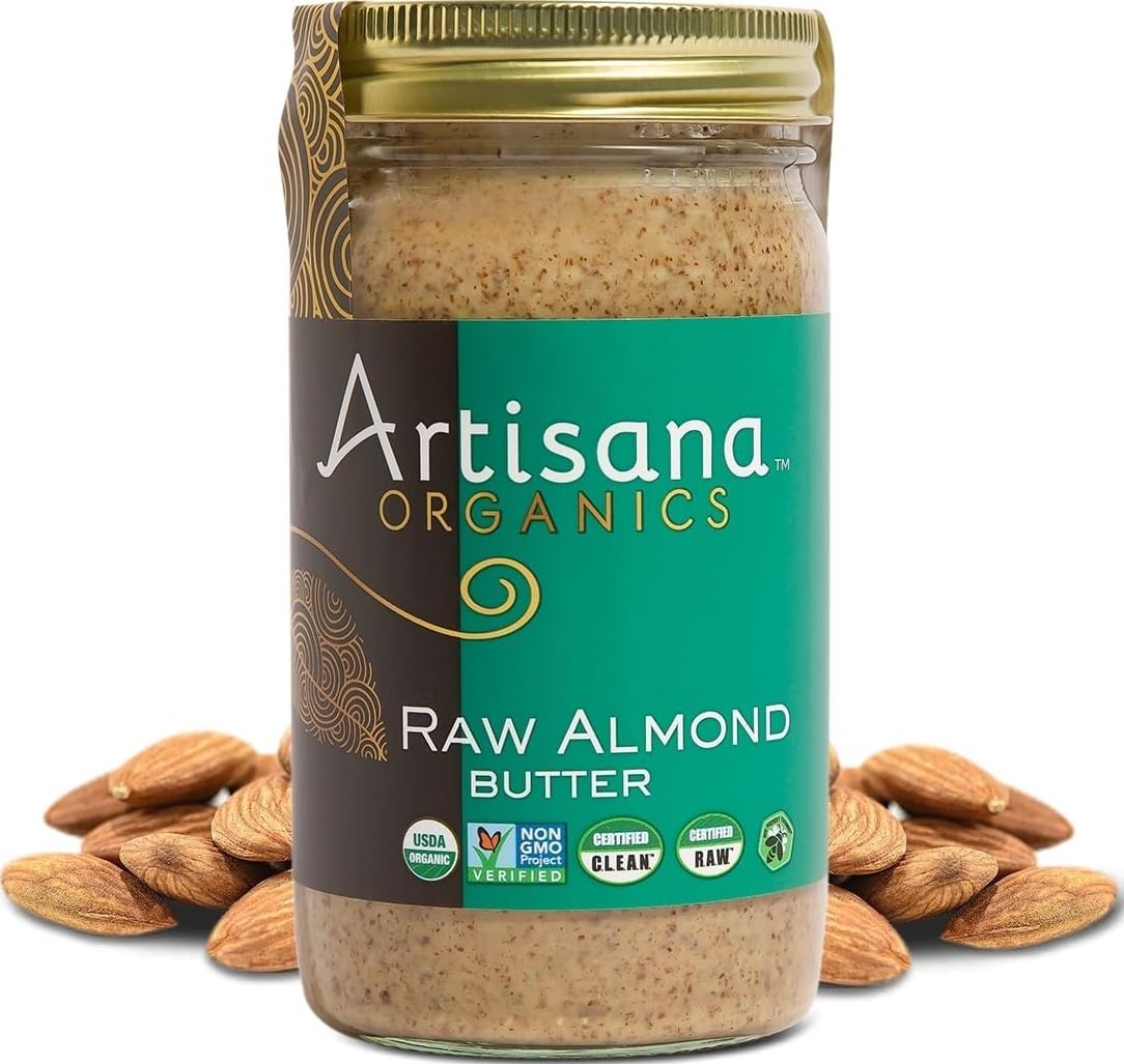 Artisana jar front label showing organic raw almond butter and clean ingredient list benefit
