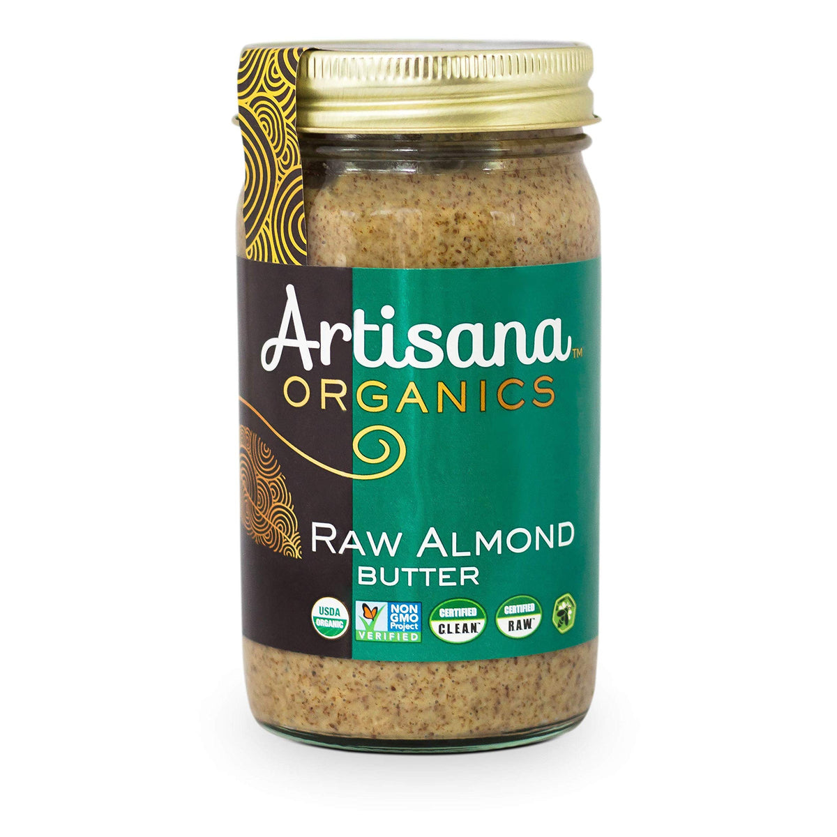 Artisana raw almond butter front packaging shows clean organic label benefits