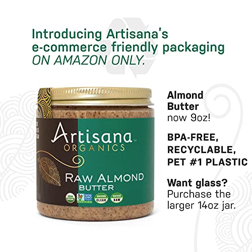 Artisana open jar top view displaying creamy texture and nutritional benefit