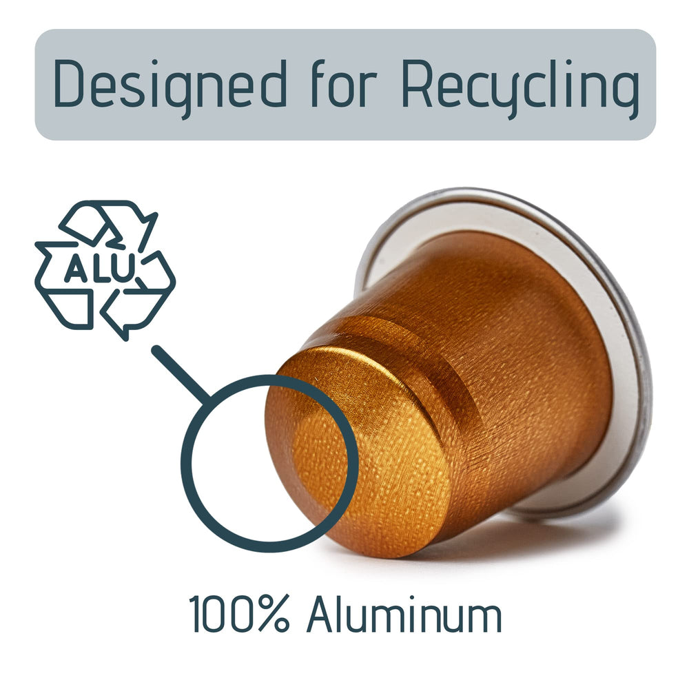 Aluminum Artuzzi pods next to recycling symbol to show recyclable material benefit