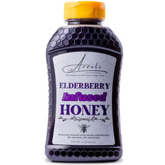 Arvoli elderberry honey front packaging showing label and 16 oz bottle for easy dispensing