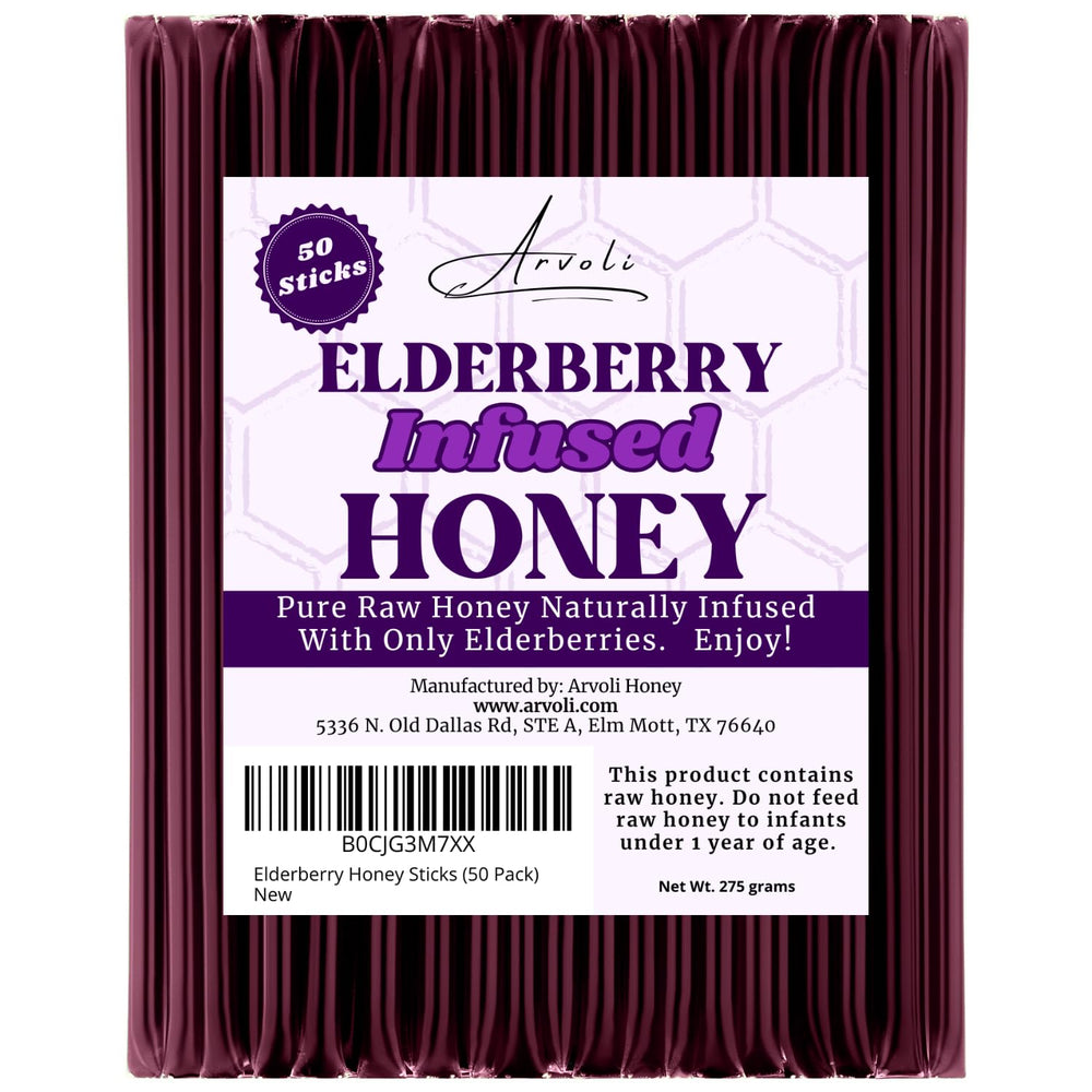 Arvoli front packaging showing 50 elderberry honey sticks, portable sweetness