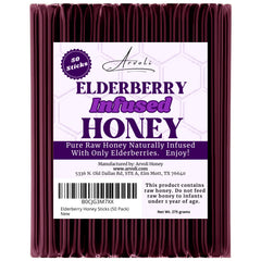 Arvoli front packaging showing 50 elderberry honey sticks, portable sweetness
