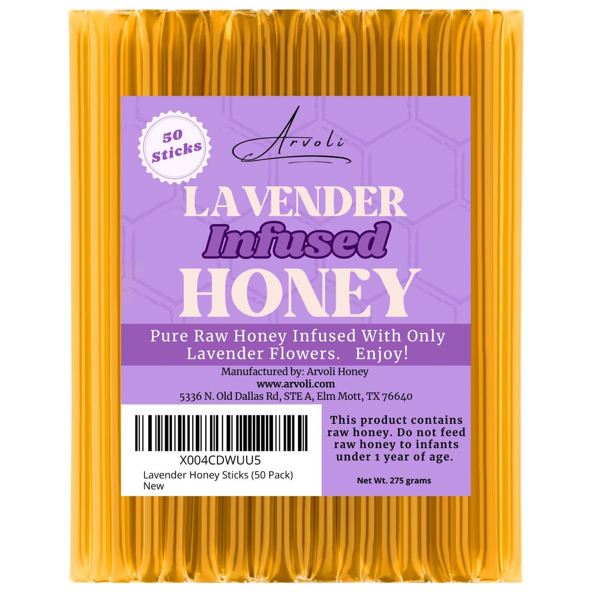 Arvoli front packaging showing 50 lavender honey straws for quick use